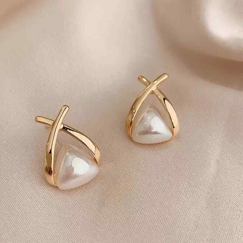 Geometric Triangle Pearl Stud Earrings XOXO Minimalist Jewelry-image