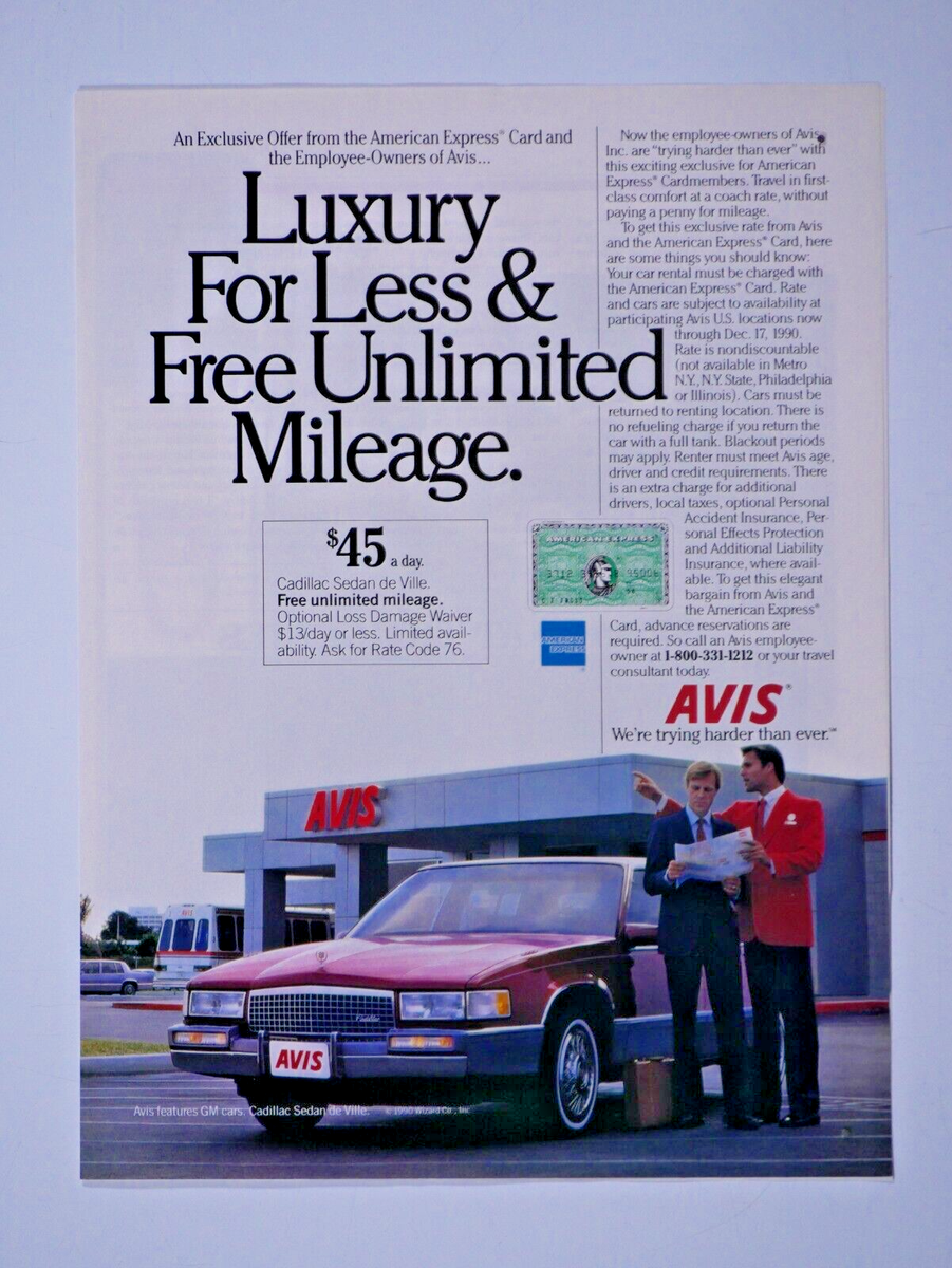 1990 Cadillac Sedan DeVille Avis Vintage Original Print Ad 8.5 x