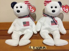 2 lot AMERICA white  AMERICA white Reversed Ears Ty BEANIE BABY BEARS Patriotic