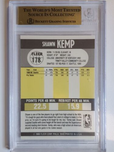 1990 Fleer Shawn Kemp Rookie #178 RC - BGS 9.5 (Low POP) - Picture 2 of 2