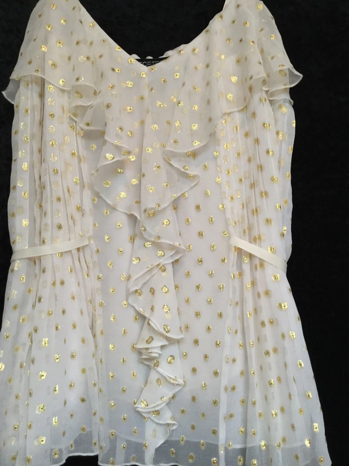 MUJER ETCÉTRA BLANCO CORREA ESPAGUETI TOP CON LUNARES DORADOS-TALLA 4 Foto 4 de 4