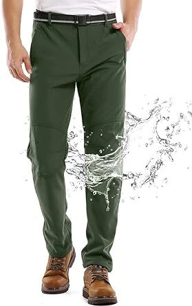 Mens Waterproof Hiking Pants, Outdoor Snow Ski Fishing Fleece 38 Army Green