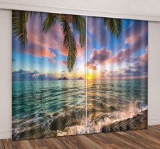 3D Sea Sunrise Tropical Palm Beach Blockout Fabric Print Drapes Window Curtains