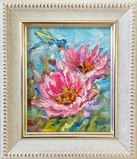 Water lilies Pink Lotus Original oil painting mini art framed  3x2.7inch OS