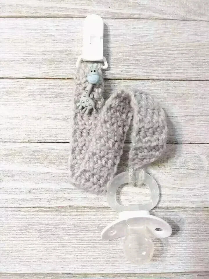 handmade crochet baby pacifier clip holder strap giraffe dummy gray - Image 2 of 2