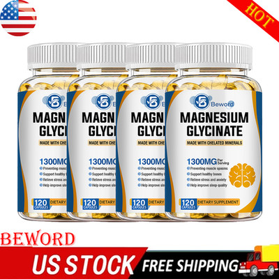 Magnesium Glycinate 1300mg - 120 Capsules For Sleep, Stress Relief Support Bone