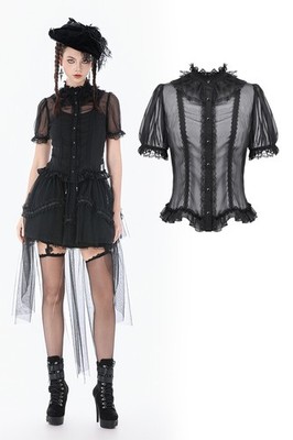 Dark In Love Women Gothic Black Lace Collar Courtly Sheer Ruffle Blouse Fit Tops
