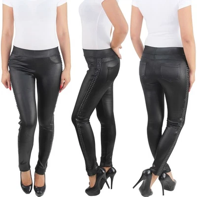 Damen Skinny Röhren Bikerhose Jeggings Leggings Treggings Wet-Look Kunstleder  - Bild 1 von 4