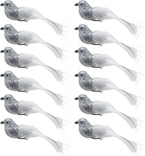 12Pcs Silver Glitter Birds Decorations Christmas Tree Clip on Bird Ornaments Seq
