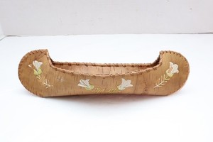 Antique Native American Birch Bark Canoe Model Quill Work Penobscot 14" Art