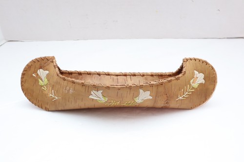 Antique Native American Birch Bark Canoe Model Quill Work Penobscot 14" Art