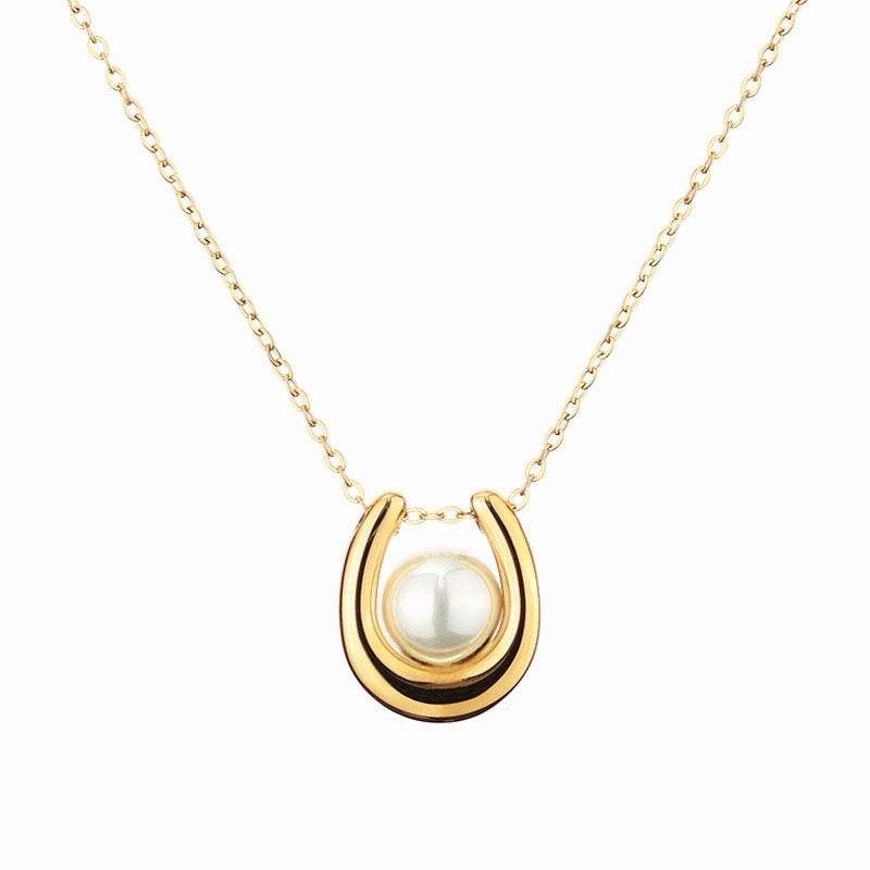 Gold Plated Metal Cable Chain Horseshoe Charm Pendant Necklace White Pearl
