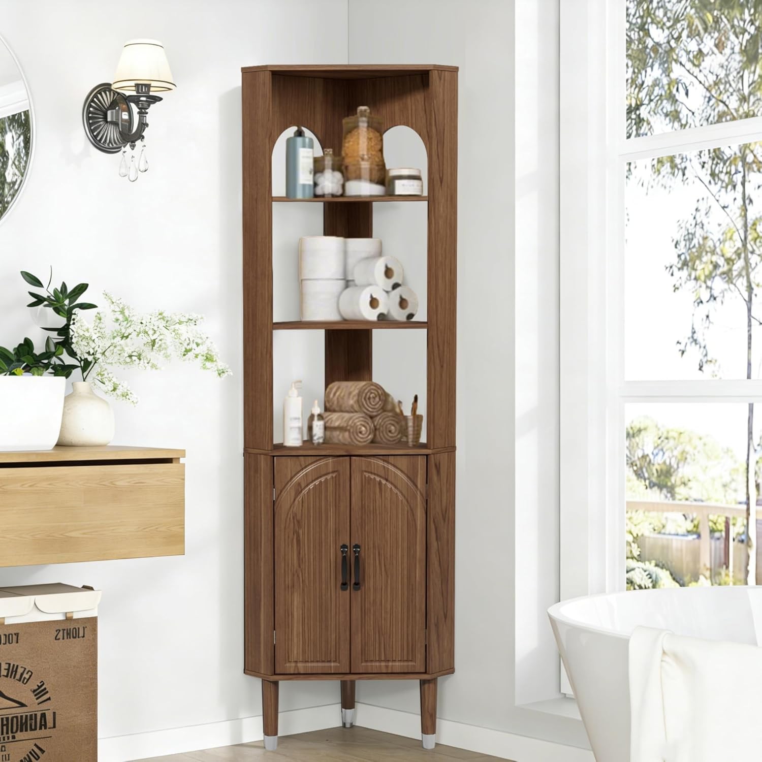 Tall Corner Cabinet, Farmhouse Corner Bathroom Storage Cabinet with Shelves