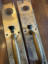  Vintage Brass 15 Inch Entry Door Plates w/ Thumb Latch and Handle . Set of Two