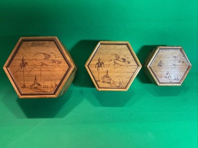 Vintage Bambus Sechseck Form Schmuckschatulle Set - 3er Set