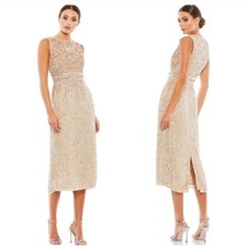 Mac Duggal 10509 Sleeveless High Neck Sequin Midi Sheath Dress Nude Gold Size 10