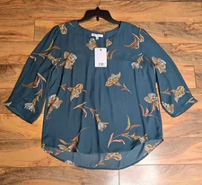 DR2 Womens Hi Low Popover V Neck Peasant Top Blouse Size L Teal Floral NWT 