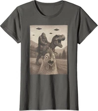 Funny Chicken, Chicken Selfie Bigfoot Riding T rex Fu Ladies' Crewneck T-Shirt