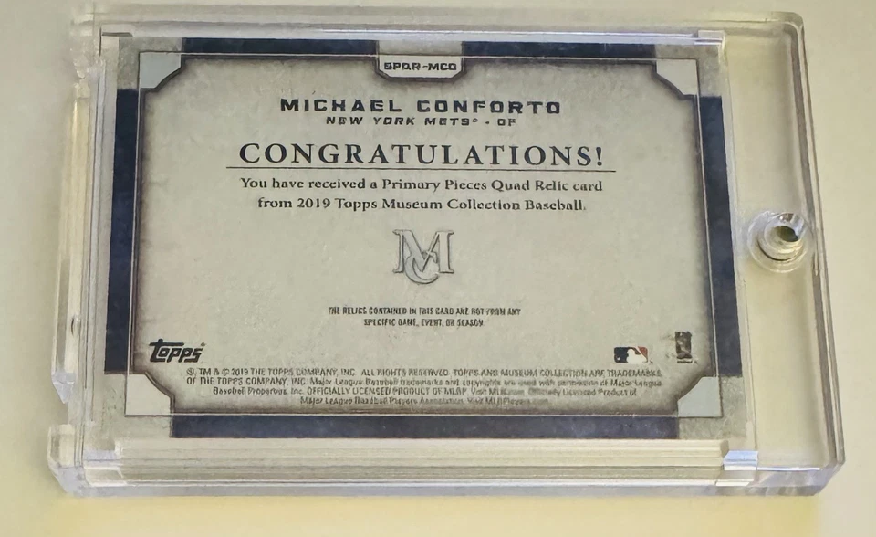 Michael Conforto 2019 Topps Museum piezas primarias reliquia cuádruple esmeralda 1/1 Foto 2 de 2