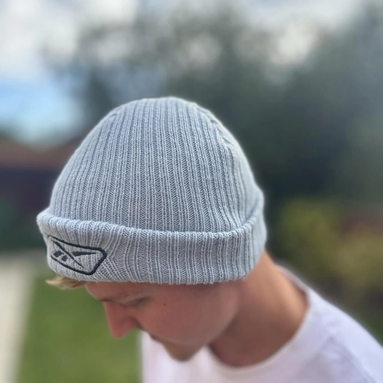 Reebok Blue Beanie Men's Retro Winter Woolly Cuffed Hat Stitched Spellout Logo