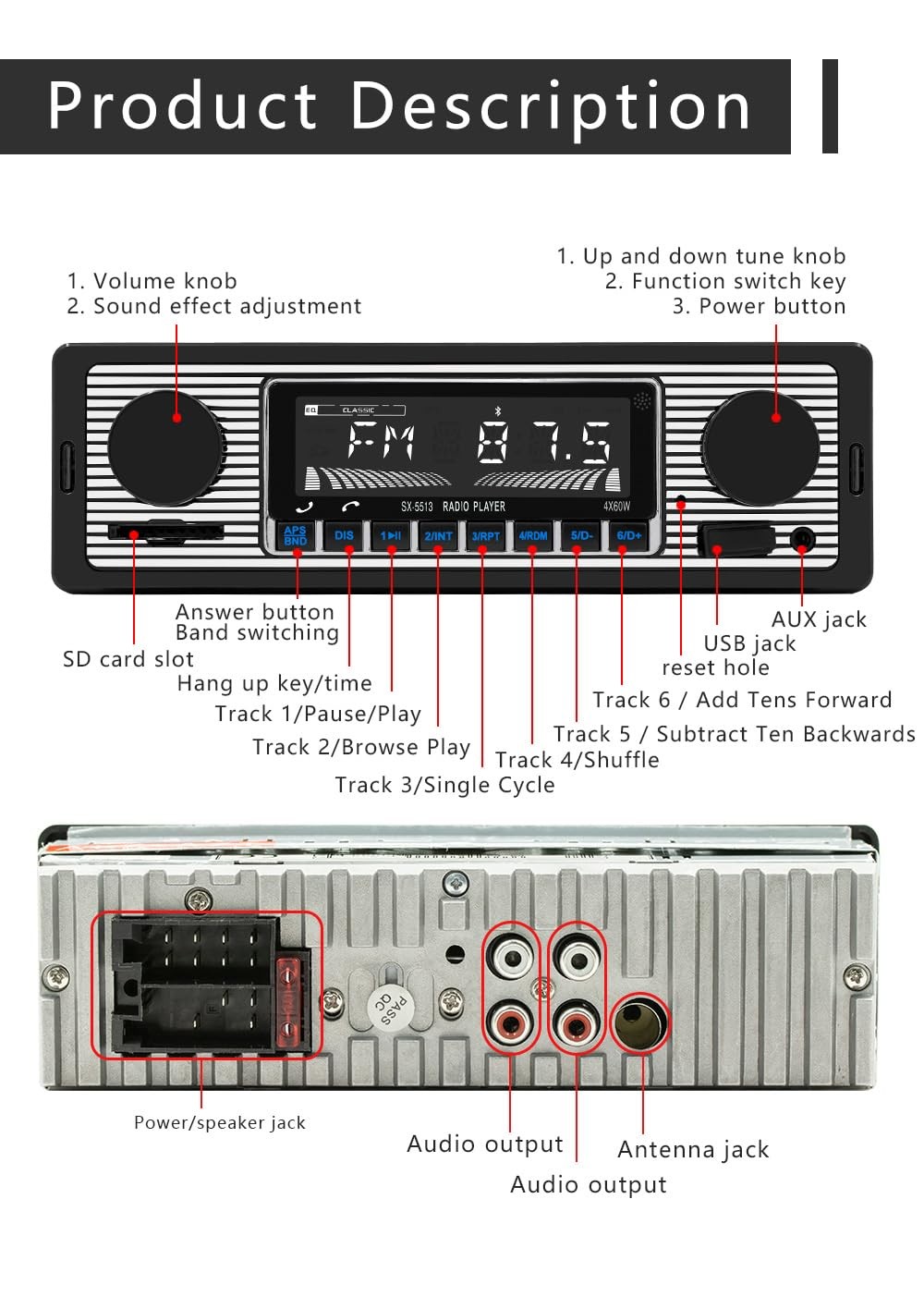 Classic 7" Single Din Car Radio,Bluetooth Stereo, FM 7(L)*2(W)*2(H) inch 