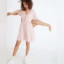 MADEWELL Lightspun Button-Front Dove Pink Pocket Short Sleeve Casual Mini Dress