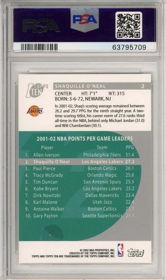 2002 Topps Ten #2 Shaquille O'Neal PSA 10 - Image 2 of 2