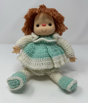 Vintage Crochet Baby Doll Plastic Head Hands Mint Green Dress Redhead Cute