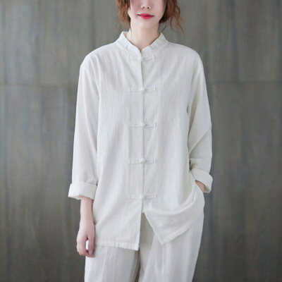 Women Chinese Vintage Style Hanfu Ethnic Frog Button Tai Chi Top Shirt Blouse