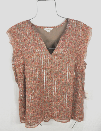 Lucky Brand Womens L Multicolor Printed Split-Neck Ruffle Sleeve Shirt Top NWT