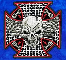 Maltese Cross With Skull,Webs,Chain Iron On Sew On Embroidered Patch 4 "x 4 "