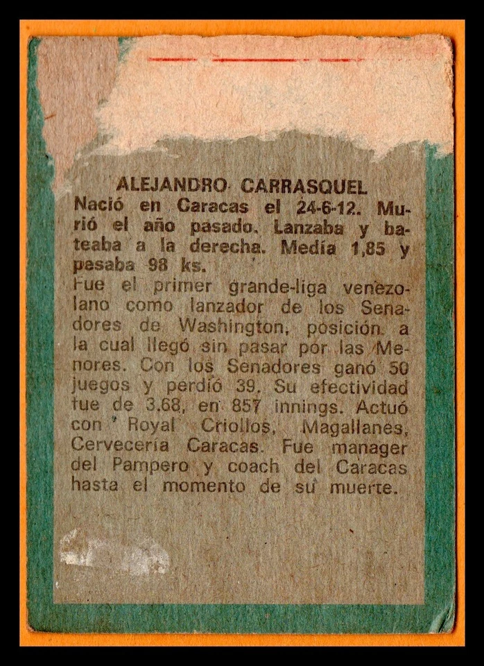 Venezuela Sport Grafico Ovenca 1970 Alejandro Alex "Paton" Carrasquel #250 - Image 2 of 2