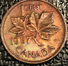 OBVERSE TONING XF 1957 CANADA SMALL ONE 1 CENT COIN-MAR225
