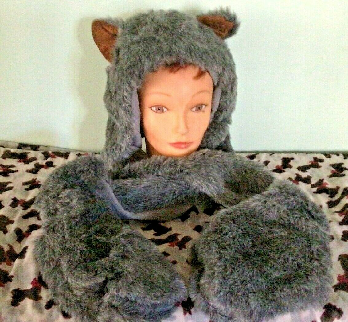 Fur Fleece Hooded Scarf Fur Hat And Gloves Coume Pack Winter