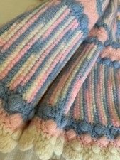 Vtg Handmade Heavy Wool Baby Knit Blanket Pink Blue Nursery 33 x27