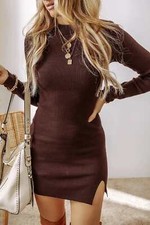 Chocolate Brown Mock Neck Long Sleeve Mini Sweater Dress