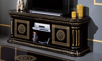 Klassischer TV Schrank Lowboard Schwarz Gold Hochglanz Media Stilmöbel