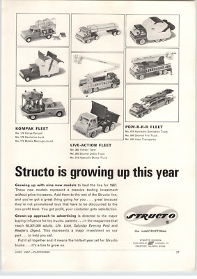 1967 PAPER AD Structo Toy Trucks Log Hauler Sanitation Dump Fire Merry Go Round
