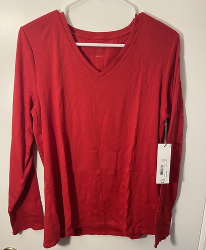 Neu mit Etikett Liz Claiborne langärmliges T-Shirt V-Ausschnitt XL Caberet rot