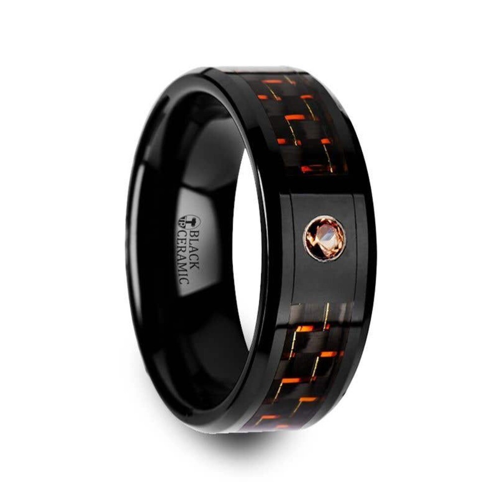 Thorsten HELSING Black Ceramic Ring Black Orange Carbon Fiber Padparadscha Sapphire Setting - 8mm Thorsten HELSING Black Ceramic Ring Black Orange Carbon Fiber Padparadscha Sapphire Setting - 8mm