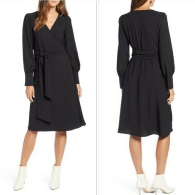 halogen long sleeve wrap midi dress HALOGEN Long Sleeve V-Neck Wrap Midi Dress Navy Blue Green Floral Print Medium