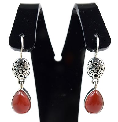 Orecchini Pendenti In Argento 925 Con Pietra Corniola Cabochon Oblunga - Lunghi 3,5 Cm - Gioiello Artigianale