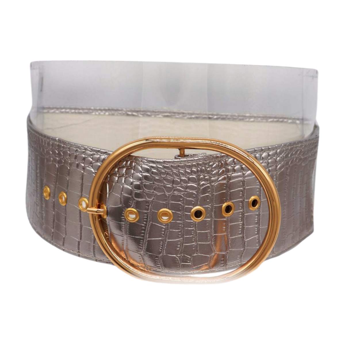 Women Wide Band Metallic Silver Chrome Gunmetal Belt Gold Oval Metal Buckle  S M