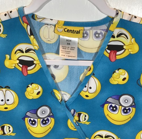 Emoji Peeling Top Damen Gr. XS Extra Small Smiley Happy Face Arzt Krankenschwester türkis - Bild 2 von 4