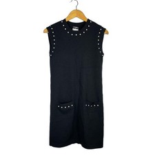 CHANEL Pearl embellished sleeveless dress 34 cotton cashmere black plain women's