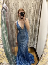 Blue Jovani Dress with Striped Sequin Pattern JO-59762
