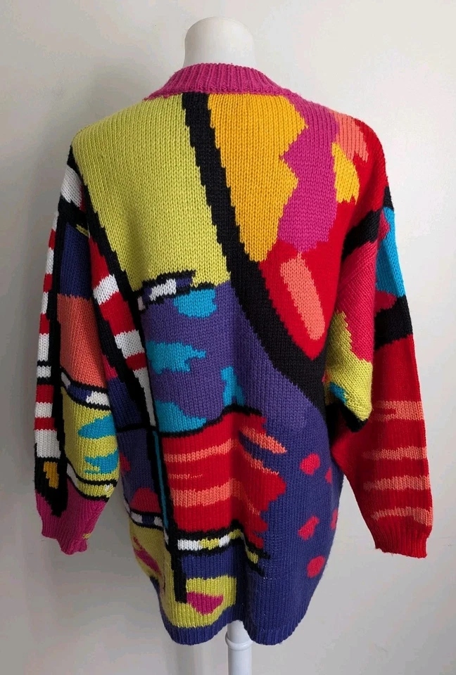 Cardigã suéter feminino vintage anos 90 Venezia colorido arte abstrata G XL retrô - Imagem 2 de 4