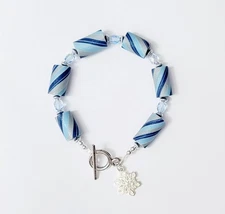 Christmas Blue Candy Cane Fimo Polymer Clay Beads & Czech Glass Bracelet 8"