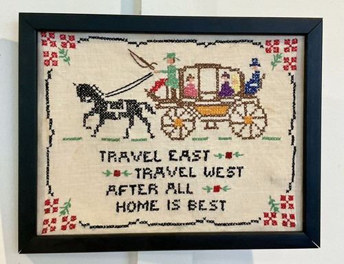 Vintage Framed Needlepoint Travel East Travel West After All Home Is Best Used - Picture 5 of 6