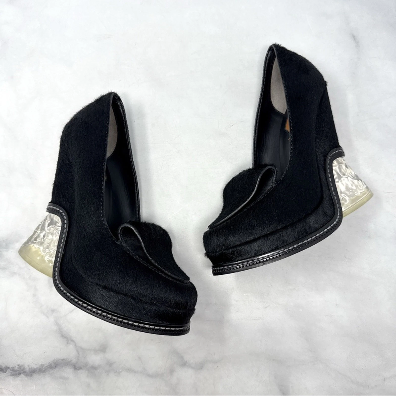 Fendi — FENDI Ice Heel Calf Hair Leather Loafer Platform Wedge Avant Garde Goth Black 36